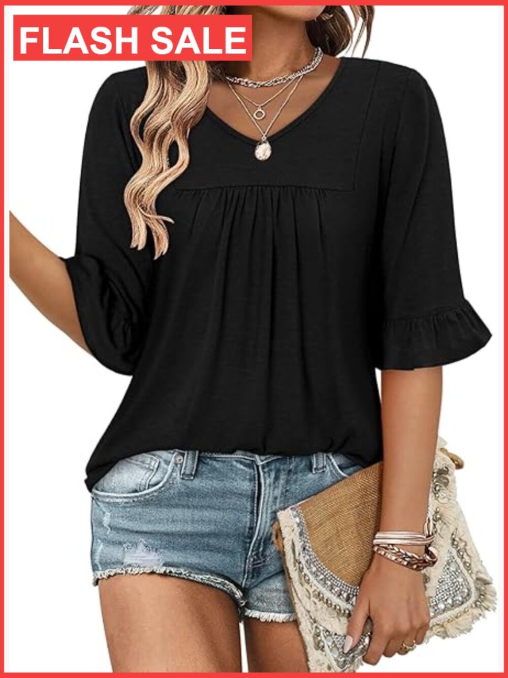 3/4 Bell Sleeve Tunic Top Dressy Casual Blouse Summer